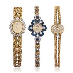 TWO DIAMOND AND GOLD WRISTWATCHES; TOGETHER WITH A SAPPHIRE, DIAMOND AND GOLD WRISTWATCH