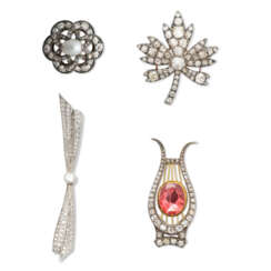 NO RESERVE - TWO DIAMOND BROOCHES; TOGETHER WITH A CULTURED PEARL AND DIAMOND BROOCH AND A SPINEL AND DIAMOND BROOCH