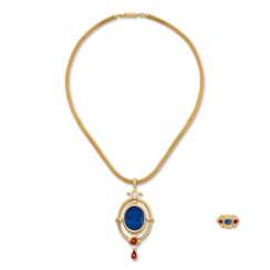 NO RESERVE - IMITATION LAPIS LAZULI, RUBY, DIAMOND AND GOLD PENDENT NECKLACE; TOGETHER WITH A SAPPHIRE, RUBY, DIAMOND AND GOLD RING