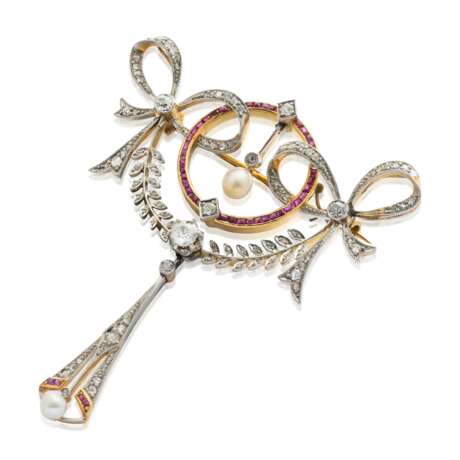 NO RESERVE - BELLE EPOQUE RUBY, DIAMOND AND CULTURED PEARL BROOCH; TOGETHER WITH A DIAMOND BROOCH AND TWO DIAMOND, ENAMEL AND MULTI-GEM BROOCHES - photo 3