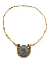 NO RESERVE - GILBERT ALBERT 'FROISSÉ' COIN, COLOURED SAPPHIRE AND GOLD NECKLACE; TOGETHER WITH A PAIR OF GOLD EARRINGS