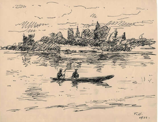 Верейский, Г.С. Лодка на реке. 1933. Бумага, тушь, перо. 22х27 см. - photo 1