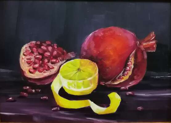 Painting “Still life with pomegranates and lemon”, Fiberboard, Oil, Realist, Still life, Russia, 2021 - photo 1