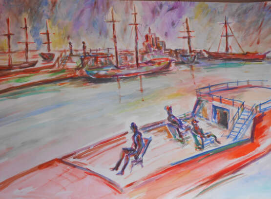 Painting “sailing on a red yacht”, Whatman paper, Watercolor painting, Expressionist, бытовой сюжетный, 2021 - photo 1