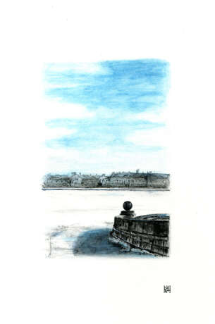 Drawing “View of the Neva. Sketch from nature”, Paper, India Ink, Contemporary art, Cityscape, Russia, 2021 - photo 1