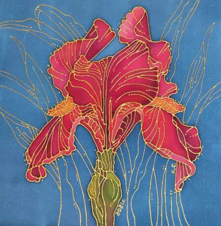 Painting “Red iris”, Silk, Batik, Flower still life, Russia, 2021 - photo 2