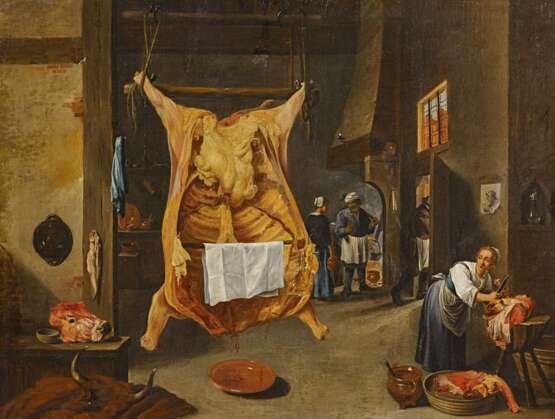 Teniers, David d.J. (1610 Antwerpen - 1690 Brüssel) - Umkreis. Kücheninterieur mit geschlachtetem Ochsen - Foto 1