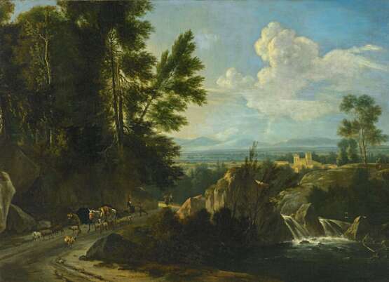Moucheron, Frederic de (1633 Emden - 1686 Amsterdam). Südliche Landschaft mit Wasserfall und Hirten - Foto 1