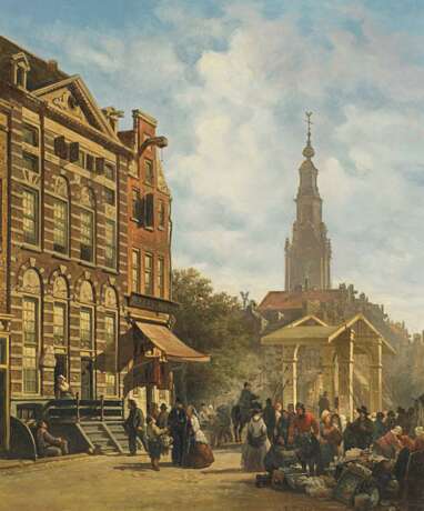 Bommel, Elias Pieter van (Amsterdam 1819 - Wien 1890). Markttreiben vor dem Rembrandthaus in Amsterdam - Foto 1