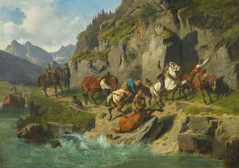Hartmann, Ludwig (1835 München - 1902 München). Schiffsknechte mit ihren Pferden auf dem Leinpfad