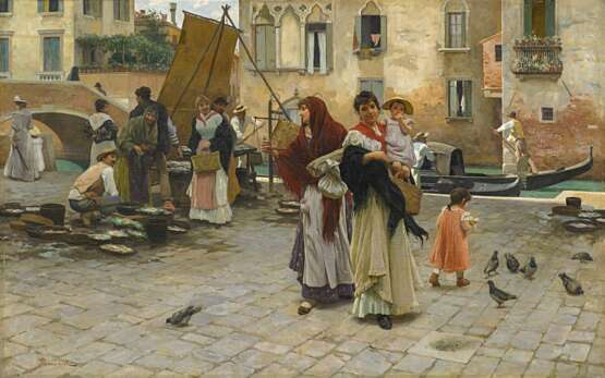 Barison, Giuseppe (1853 Triest - 1931 Triest). In Venedig. Geschäftiges Treiben auf einem Fischmarkt - photo 1