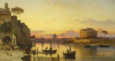 Corrodi, Hermann (1844 Frascati - 1905 Rom). Rom. Das Tiberufer vor der Engelsburg. Im Hintergrund die Kuppel des Petersdoms