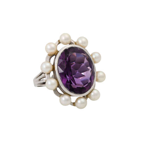 Ring mit Amethyst und kleinen Perlen, - Foto 1