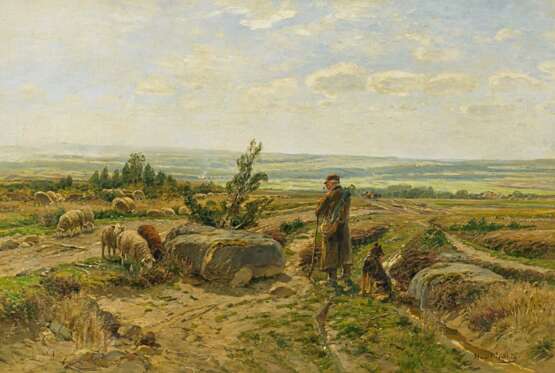 Mühlig, Hugo (1854 Dresden - 1929 Düsseldorf). Schäfer mit seiner Herde in weiter Landschaft bei Willingshausen - photo 1