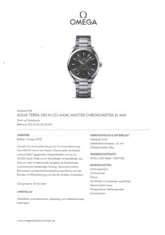 OMEGA Seamaster "Aqua Terra 150M Co-Axial Master Chronometer", Ref. 2201041210002. Herrenuhr. Aktueller Neupreis: 5.600,- Euro. - photo 9