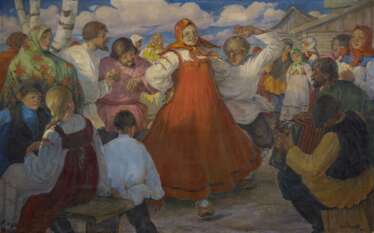 Zavistowsky, Michal Petrovic (1897 Kiew - 1931 Jirni b. Prag). Tanz im Dorf. Russisches Bauernpaar tanzt vor Blockhütten zu den Klängen eines Akkordeons