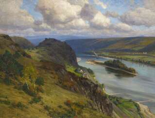 Wille, Fritz von (1860 Weimar - 1941 Düsseldorf). Blick über den Rhein auf die Burgruine Hammerstein, die Hammersteiner Werth und das Städtchen Namedy jenseits des Flusses