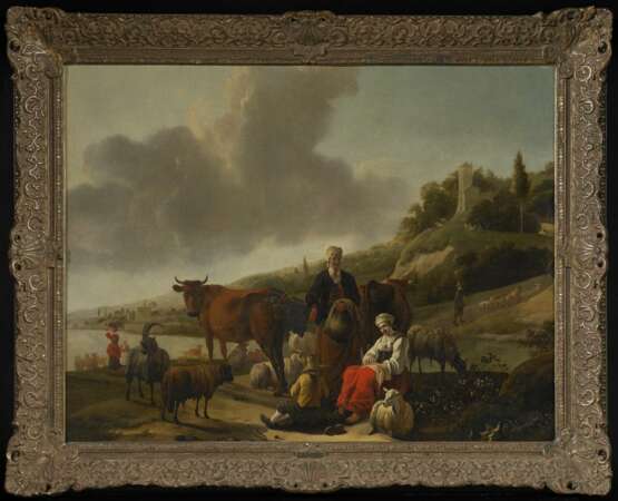 Wolfaerts, Jan Baptiste (vor 1625 Antwerpen - 1687 Antwerpen). Hirten mit ihrem Vieh in hügeliger Flusslandschaft - Foto 1