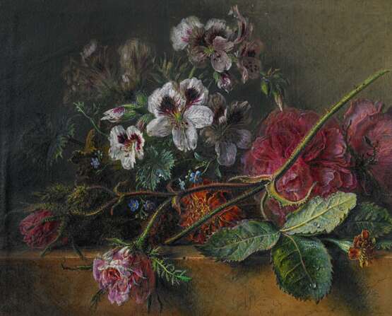 Os, Georgius Jacobus Johannes van (1782 Den Haag - 1861 Paris). Stillleben mit Rosen und Veilchen auf einer steinernen Balustrade - Foto 1