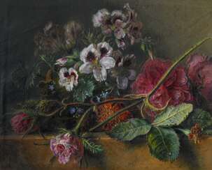 Os, Georgius Jacobus Johannes van (1782 Den Haag - 1861 Paris). Stillleben mit Rosen und Veilchen auf einer steinernen Balustrade