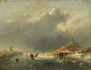 Leickert, Charles (1818 Brüssel - 1907 Mainz). Schlittschuhläufer auf einem winterlichen Kanal