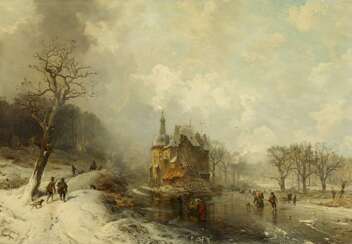 Hilgers, Carl (1818 Düsseldorf 1890 Düsseldorf). Icy and snow-covered river landscape of the castle in front of a water
