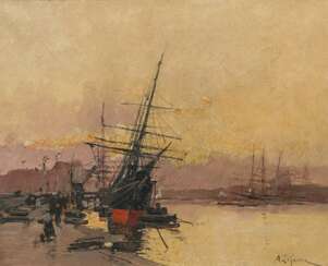 Galien-Laloue, Eugène (1854 Paris - 1941 Chérence). Abendstimmung im Hafen
