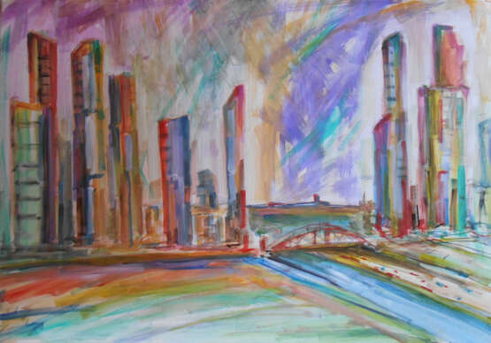 высокие дома Whatman paper Watercolor painting Expressionism Cityscape 2021 - photo 1