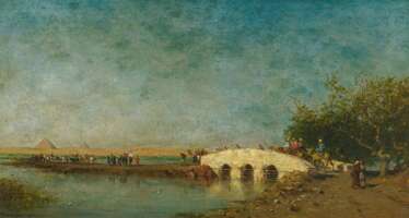 Berchère, Narcisse (1819 Étampes - 1891 Asnières). Orientalische Wasserlandschaft mit Karavane an einer Brücke