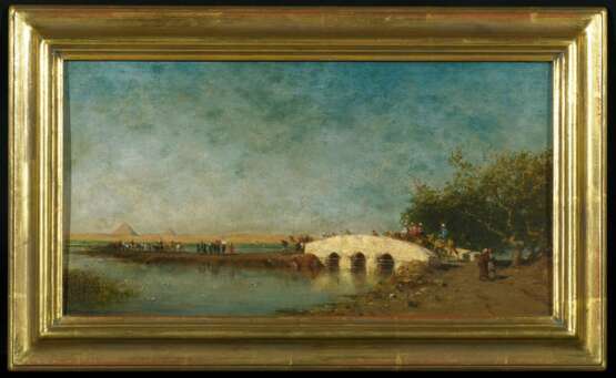 Berchère, Narcisse (1819 Étampes - 1891 Asnières). Orientalische Wasserlandschaft mit Karavane an einer Brücke - photo 2