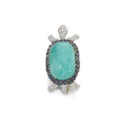 Emerald, sapphire and diamond brooch