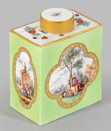 Große Teedose mit seltenem Grünfond und Watteaudekor - Foto 1