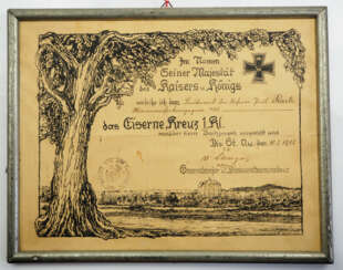 Preussen: Eisernes Kreuz, 1914, 1. Klasse Urkunde für einen Leutnant d.Res. der Minenwerferkomp. 435.