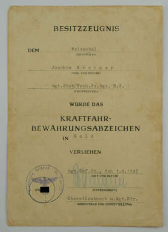 Kraftfahr-Bewährungsabzeichen, in Gold Besitzzeugnis für einen Feldwebel im Rgt.Stab/ Fallschirm Panzer Regiment "Hermann Göring". - фото 1