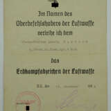 Erdkampfabzeichen der Luftwaffe Urkunde für einen Obergefreiten der 9./ Fallschirm Panzergrenadier Regiment 4 "Hermann Göring". - фото 1