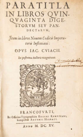 JACQUES CUJAS 1522 Toulouse - 1590 Bourges PARATITLA IN LIBROS QUINQUAGINTA DIGESTORUM (...) Frankfurt, 1615 - Foto 2