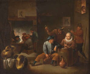 DAVID TENIERS DER JÜNGERE (SCHULE), INTERIEUR MIT TRINKENDEN UND PFEIFE RAUCHENDEN BAUERN BEIM KARTENSPIEL