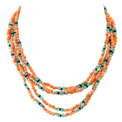 5 reihiges Collier mit lachsfarbenen Korallenkugeln