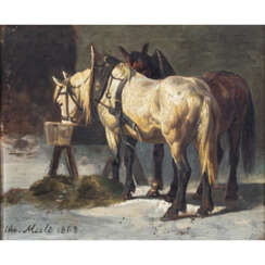 MALI, CHRISTIAN FRIEDRICH (1832-1906), "Schimmel und Brauner im Stall",