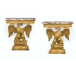 A PAIR OF GILTWOOD EAGLE CONSOLE TABLES