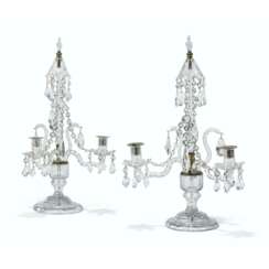 A PAIR OF ENGLISH CUT-GLASS TWO-LIGHT CANDELABRA