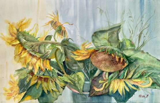 Gemälde „Sonnenblumen“, Aquarellpapier, Aquarell, Naturalismus, Stillleben, Ukraine, 2021 - Foto 1