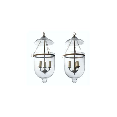 A PAIR OF PATINATED-BRASS AND GLASS HANGING LIGHTS - фото 1