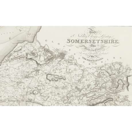 GREENWOOD, Charles & John. Map of the County of Somerset, London, George Pringle, 1822, folding hand-coloured engraved map on 2 sheets, 1360 x 1860 mm., with a large engraved vignette of Wells Cathedral, now backed on canvas and with ebonised rollers; tog - Foto 4