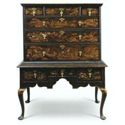 A GEORGE I BLACK, GREEN, BLUE AND GILT-JAPANNED CABINET-ON-STAND