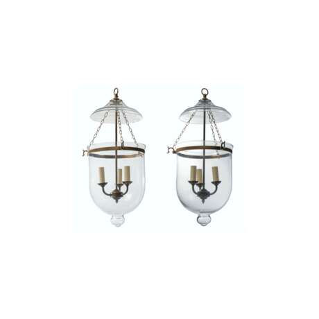 A PAIR OF PATINATED-BRASS AND GLASS HANGING LIGHTS - photo 1