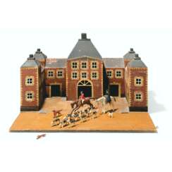 A VICTORIAN POLYCHROME-DECORATED MODEL OF A HUNT MEET AND COUNTRY HOUSE STABLE BLOCK
