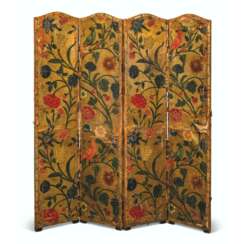 A DUTCH PAINTED AND GILT LEATHER FOUR-FOLD SCREEN