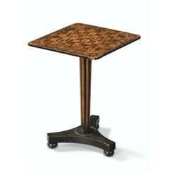 A REGENCY EBONISED, PENWORK AND DECOUPAGE GAMES TABLE