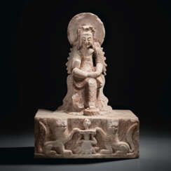 A VERY RARE MARBLE FIGURE OF A SEATED PENSIVE BODHISATTVA